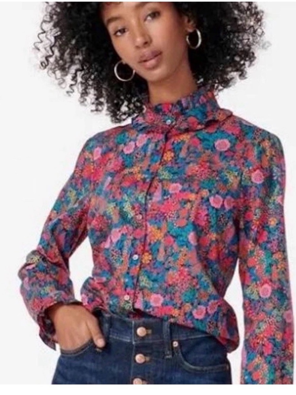 J. Crew Liberty of Floral Ruffle-Neck Botton Down Blouse